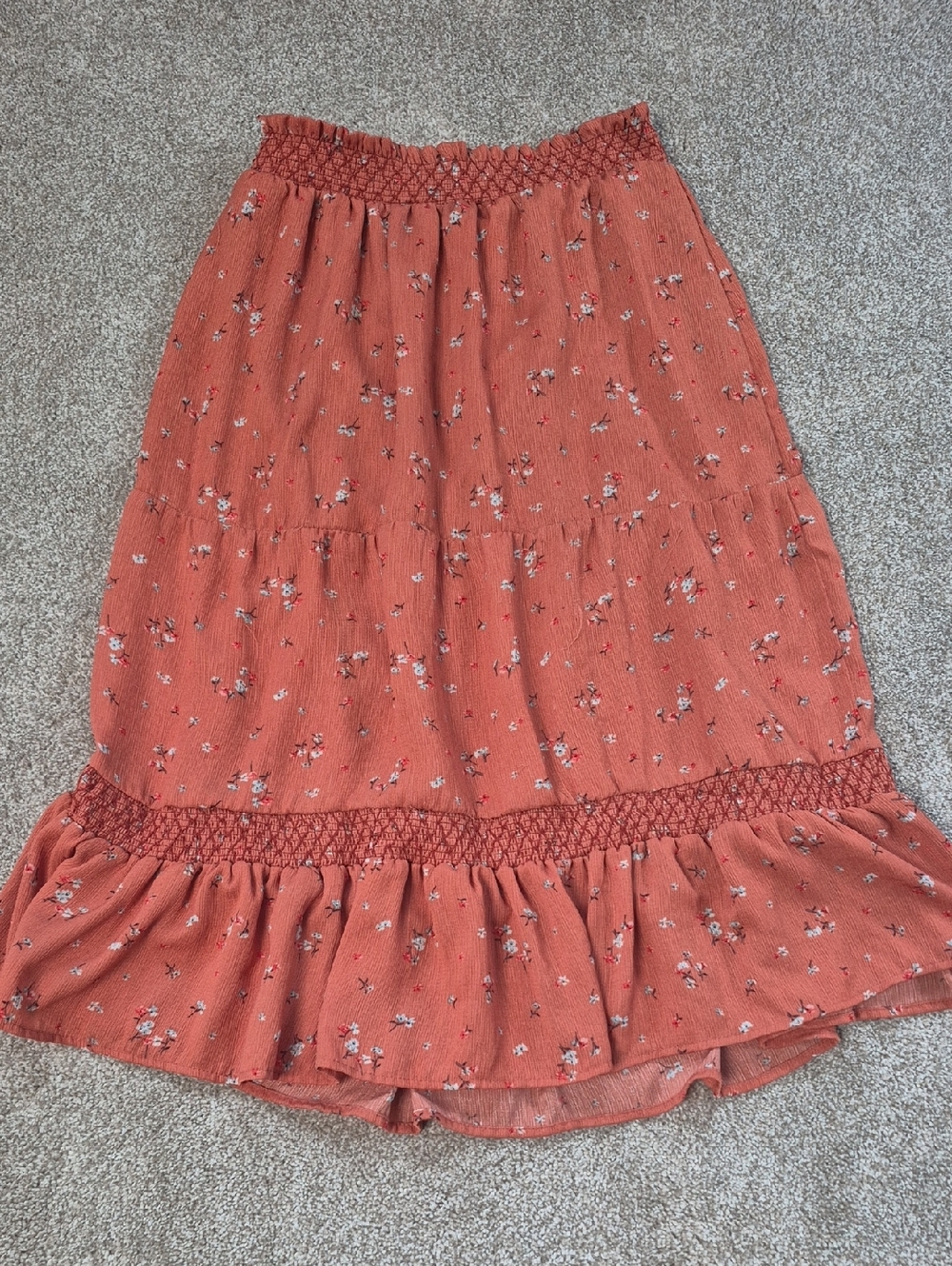Rust Floral Maxi Skirt with Smocked Waist